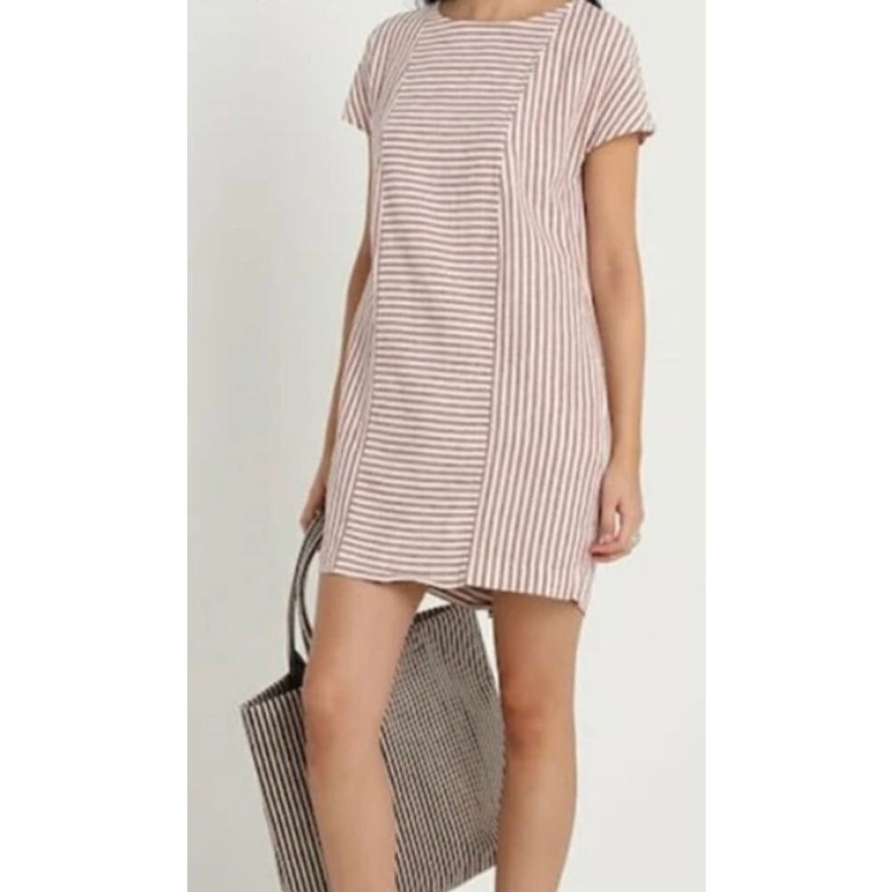 Madewell Dress Linen Sheath Stripe Button Back Medium Casual Coastal Pockets